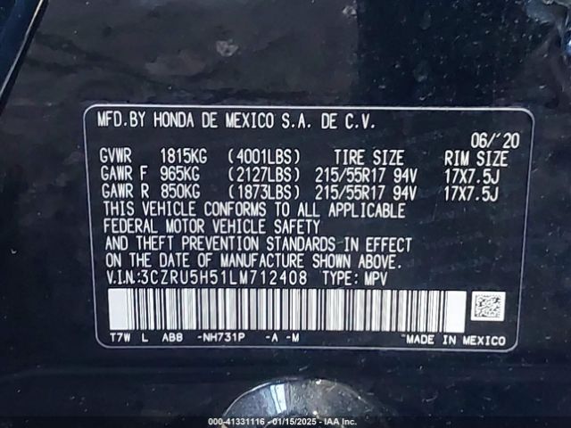 3CZRU5H51LM712408 Honda Hr-v 2wd Ex