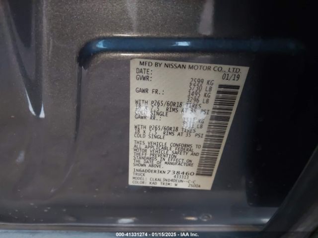 1N6AD0ER3KN738460 Nissan Frontier Sl