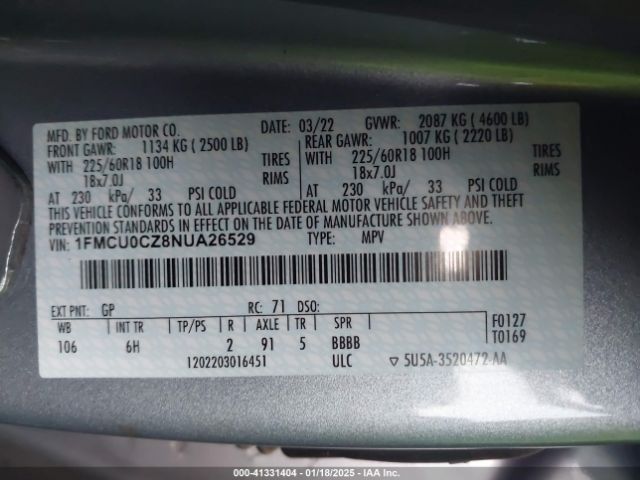 1FMCU0CZ8NUA26529 Ford Escape Sel Hybrid