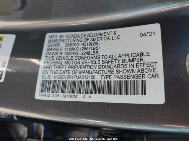 1HGCV3F47MA012156 Honda Accord Hybrid Ex