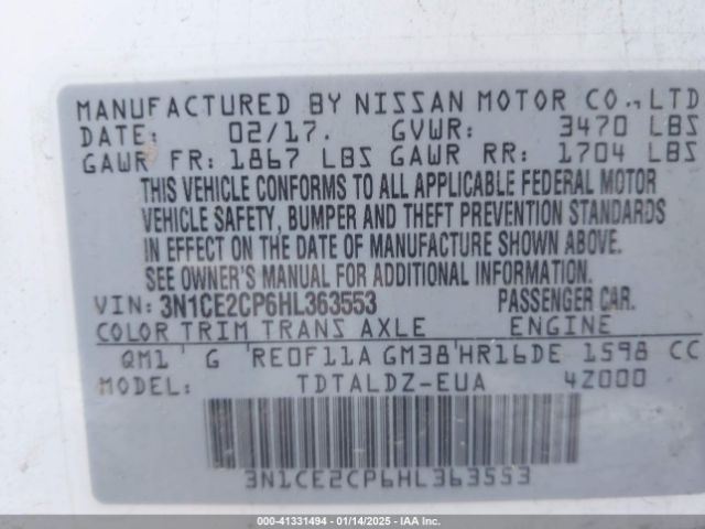 3N1CE2CP6HL363553 Nissan Versa Note Sv
