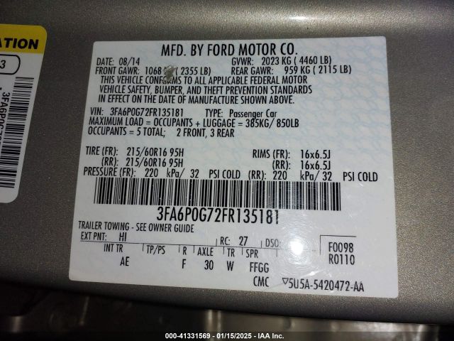 3FA6P0G72FR135181 Ford FUSION S