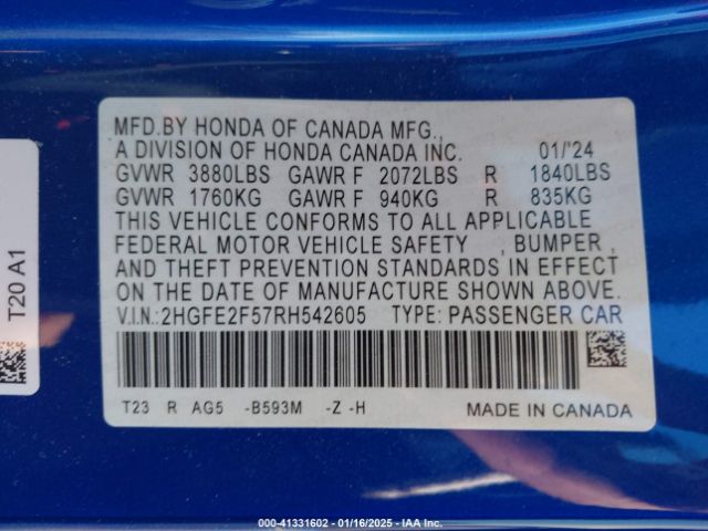 2HGFE2F57RH542605 Honda Civic Sport
