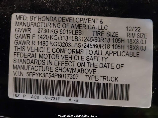 5FPYK3F54PB017307 Honda Ridgeline Rtl