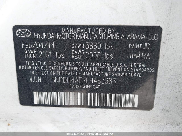 Hyundai Elantra Limited 2014 5NPDH4AE2EH483383 Image 9