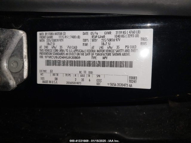 1FMCU9JD4HUA30805 Ford Escape Titanium