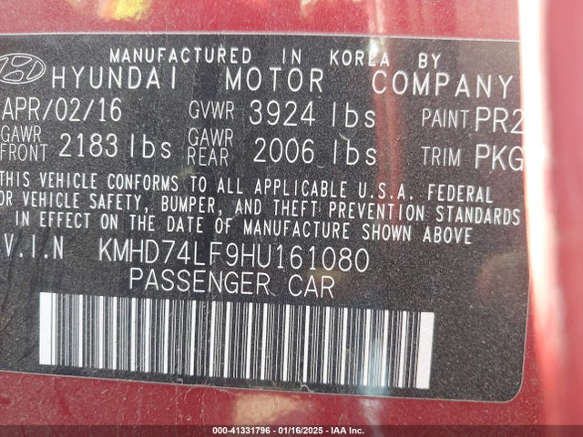 KMHD74LF9HU161080 Hyundai ELANTRA SE