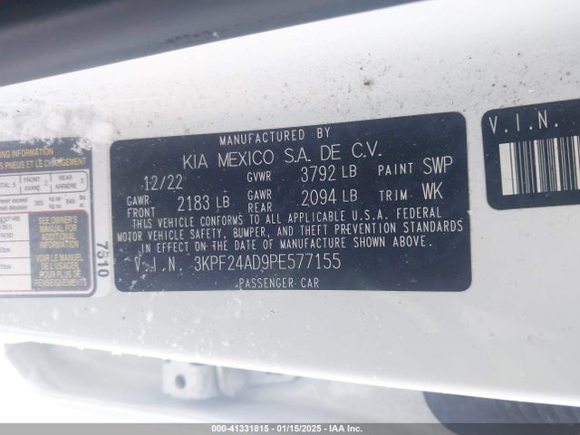 41331815 :رقم المزاد ، 3KPF24AD9PE577155 vin ، 2023 Kia Forte Lxs مزاد بيع