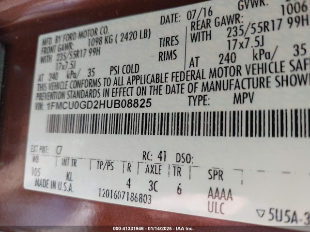 Ford ESCAPE SE 2017 1FMCU0GD2HUB08825 Image 9