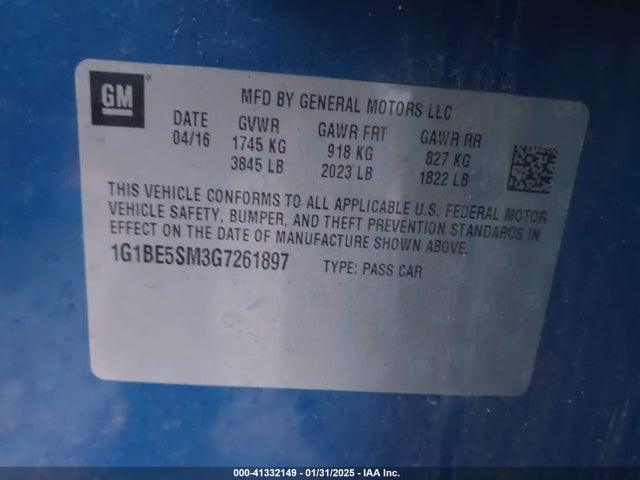 1G1BE5SM3G7261897 Chevrolet Cruze Lt Auto