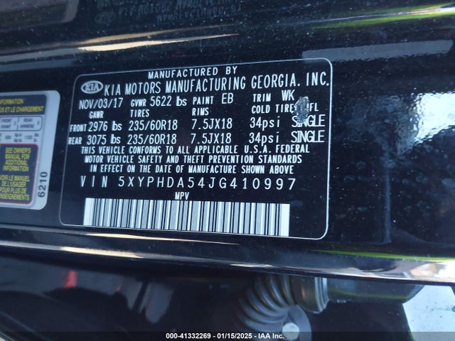 5XYPHDA54JG410997 KIA Sorento 3.3l Ex