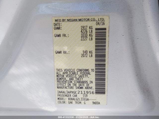 1N4AL3APXGC211956 Nissan Altima 2.5/2.5 S/2.5 Sl/2.5 Sr/2.5 Sv