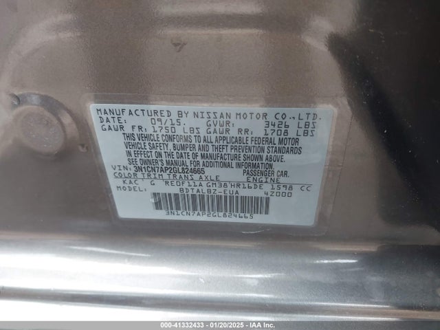 Nissan Versa 1.6 Sv 2016 3N1CN7AP2GL824665 Image 9