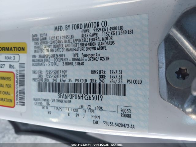 3FA6P0PU6HR265019 Ford Fusion Energi Se Luxury