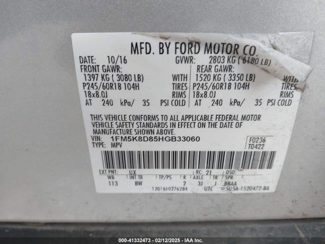 1FM5K8D85HGB33060 Ford EXPLORER XLT