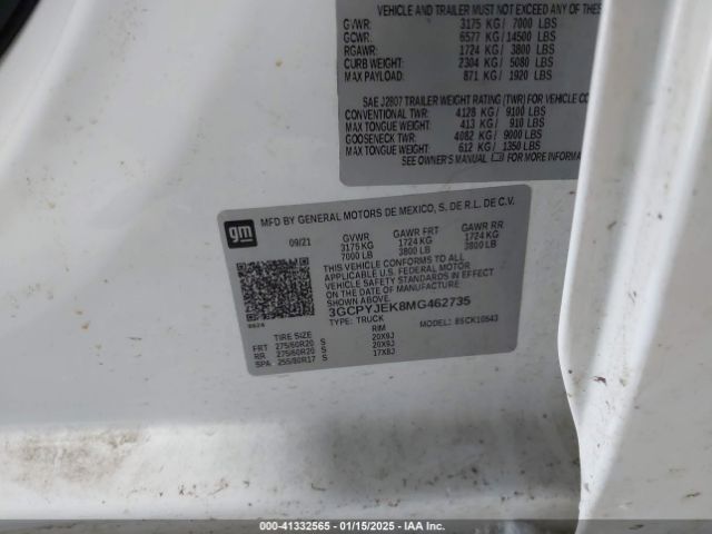 3GCPYJEK8MG462735 Chevrolet Silverado 1500 4wd  Short Bed Lt With 2fl