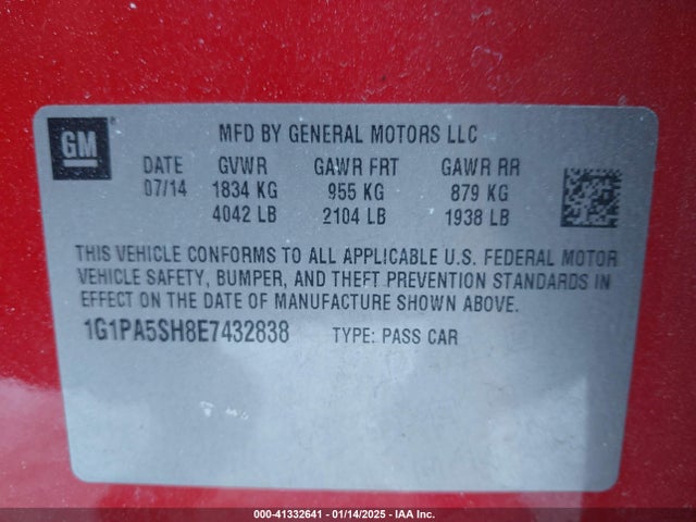 1G1PA5SH8E7432838 Chevrolet Cruze Ls Auto