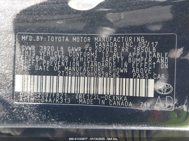 Toyota COROLLA LE 2017 2T1BURHE9HC928585 Image 9