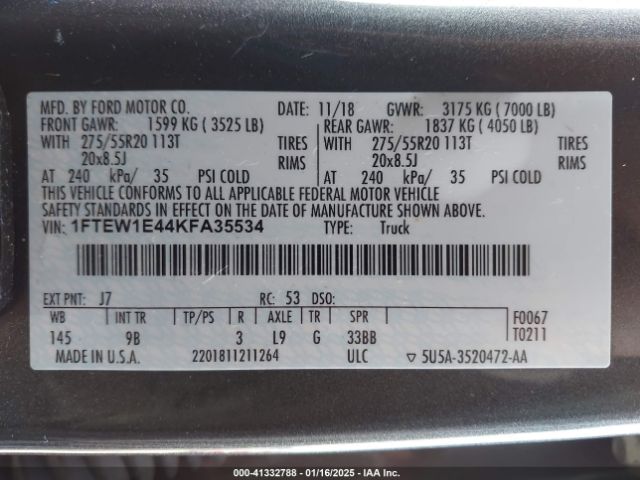 1FTEW1E44KFA35534 Ford F-150 Platinum
