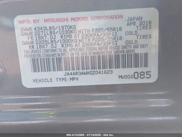 Mitsubishi dohc mivec 2016 JA4AR3AWXGZ041623 Image 9