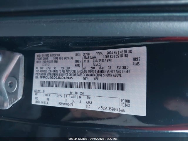 Ford ESCAPE SE 2018 1FMCU0GD9JUD42935 Image 9