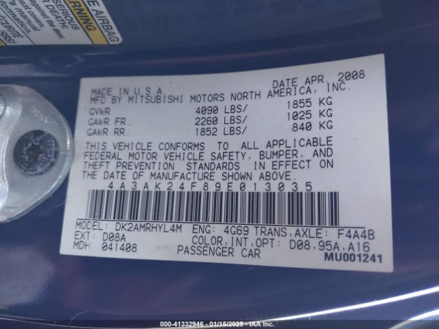 2009 MITSUBISHI ECLIPSE 4A3AK24F89E013035 Photo 8
