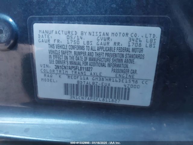 3N1CN7AP5FL811827 Nissan Versa 1.6 S/1.6 S+/1.6 Sl/1.6 Sv