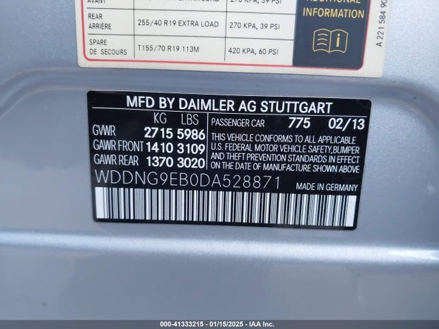 41333215 :رقم المزاد ، WDDNG9EB0DA528871 vin ، 2013 Mercedes-benz S 550 4matic مزاد بيع