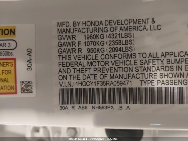 1HGCY1F35RA059471 Honda ACCORD EX