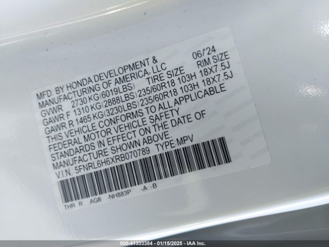 5FNRL6H6XRB070789 Honda Odyssey Ex-l