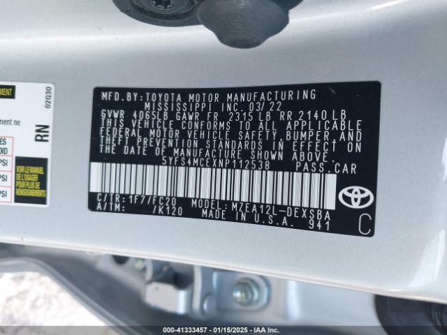5YFS4MCEXNP112538 Toyota Corolla Se Nightshade Edition