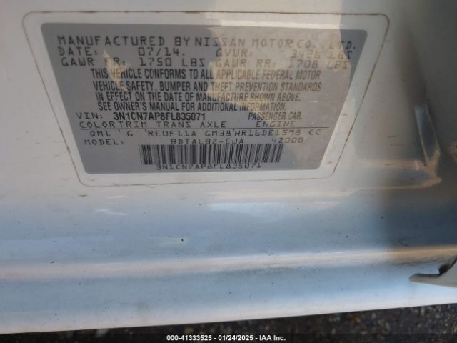 3N1CN7AP8FL835071 Nissan Versa 1.6 S/1.6 S+/1.6 Sl/1.6 Sv