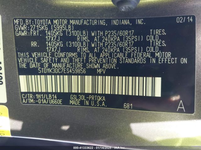 5TDYK3DC7ES459856 Toyota Sienna Xle/limited