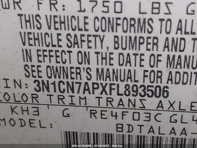 3N1CN7APXFL893506 Nissan Versa 1.6 S