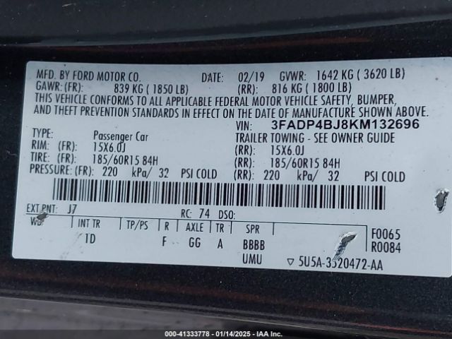 3FADP4BJ8KM132696 Ford FIESTA SE