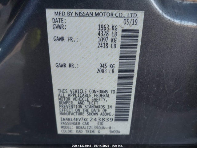 Nissan Altima 2.5 Sl 2019 1N4BL4EV7KC243839 Image 9