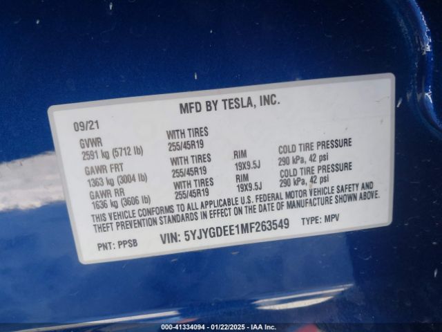 5YJYGDEE1MF263549 Tesla Model Y Long Range Dual Motor All-wheel Drive