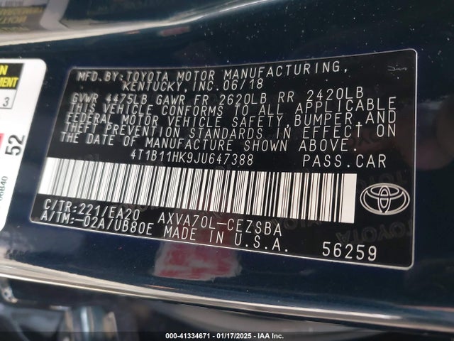 4T1B11HK9JU647388 Toyota CAMRY SE