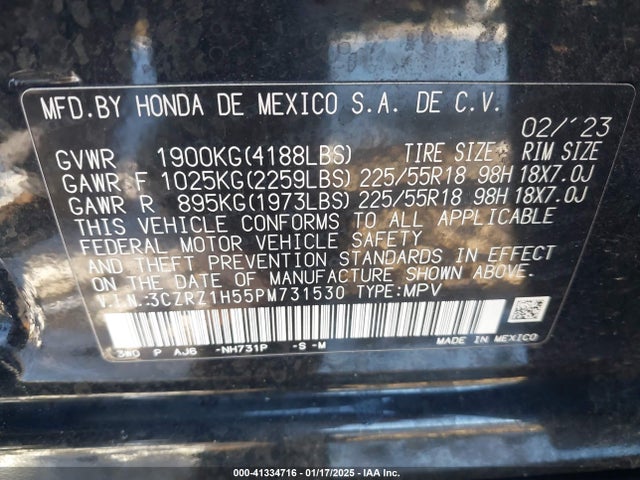 3CZRZ1H55PM731530 Honda Hr-v 2wd Sport
