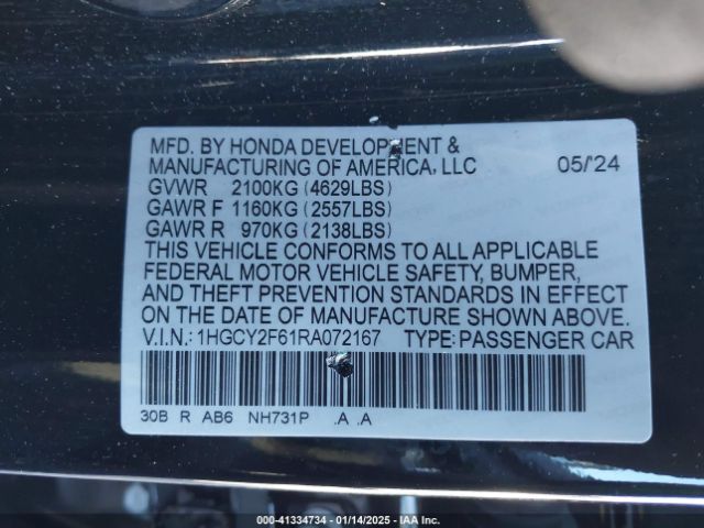 1HGCY2F61RA072167 Honda Accord Hybrid Ex-l