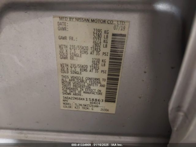 5N1AZ2MS6KN158863 Nissan Murano Platinum
