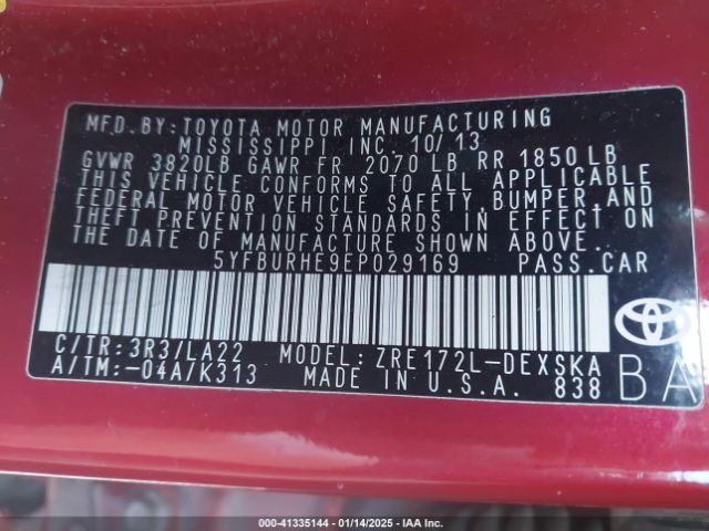5YFBURHE9EP029169 Toyota Corolla L/le/le Pls/prm/s/s Pls