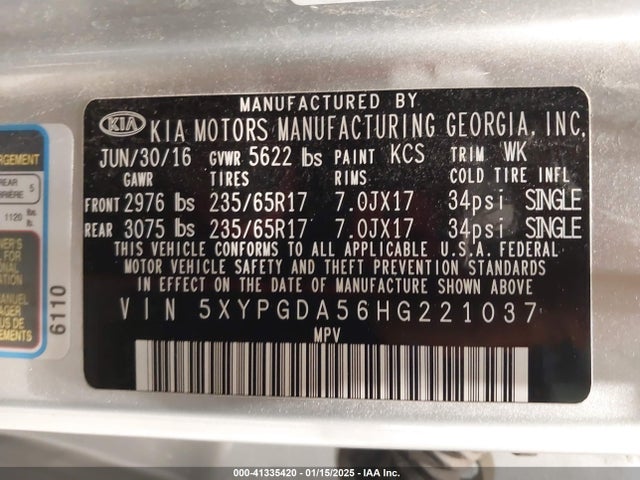 5XYPGDA56HG221037 KIA Sorento 3.3l Lx