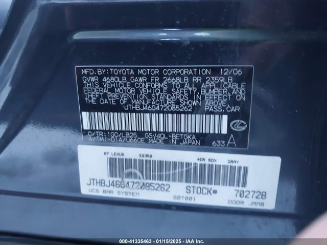 Aukcja sprzedaży 2007 Lexus Es 350, vin: JTHBJ46G472085262, numer aukcji: 41335463