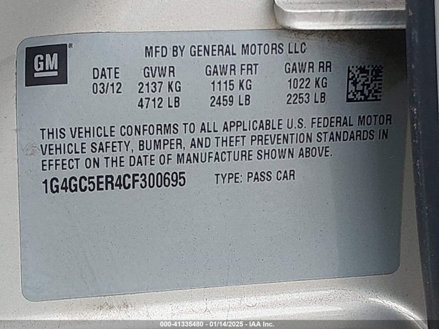 Aukcja sprzedaży 2012 Buick Lacrosse Leather Group, vin: 1G4GC5ER4CF300695, numer aukcji: 41335480