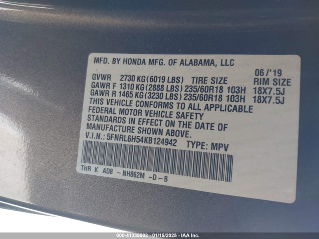 5FNRL6H54KB124942 Honda ODYSSEY EX