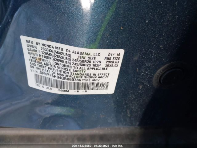 5FNYF6H04GB060786 Honda Pilot Elite