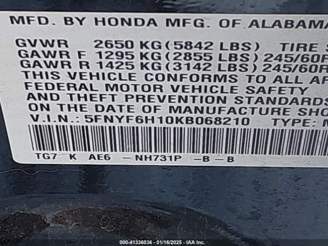 5FNYF6H10KB068210 Honda PILOT LX