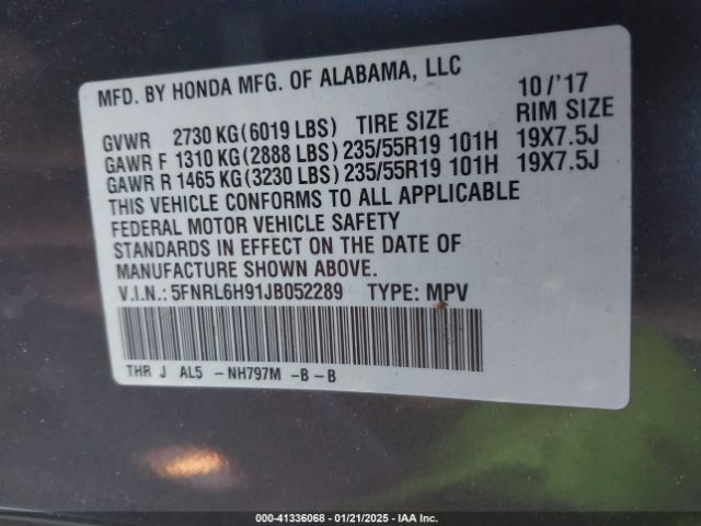 5FNRL6H91JB052289 Honda Odyssey Elite