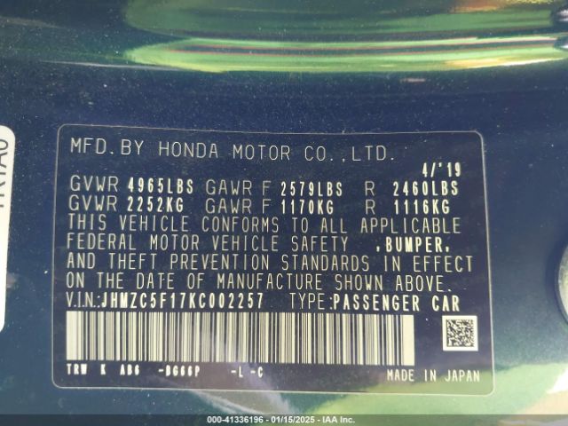 JHMZC5F17KC002257 Honda CLARITY PLUG-IN HYBRID